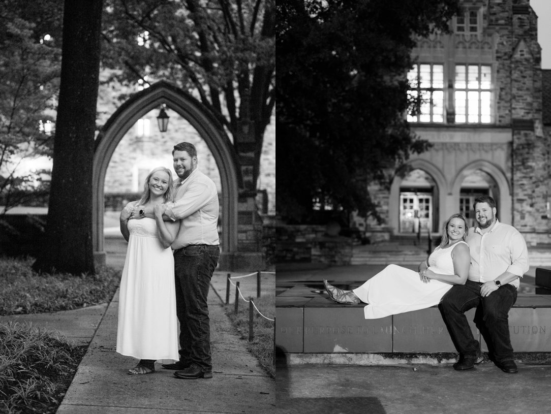 Rhodes College Engagement black and white on bench and under arch