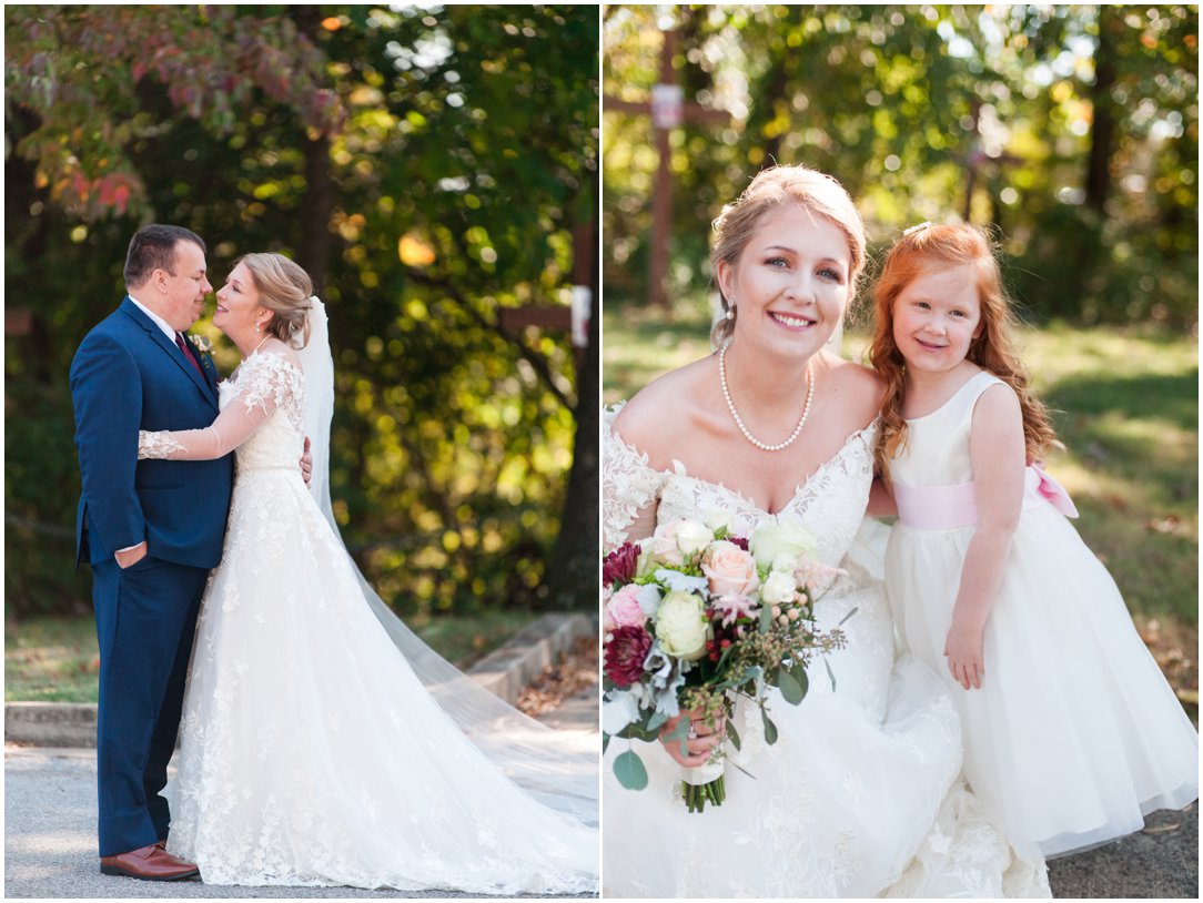 bride and groom and bride with flower girl
